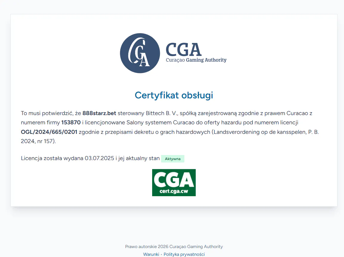 Aktualny certyfikat Curaçao Gaming Authority dla domeny 888starz.bet i operatora Bittech B.V.